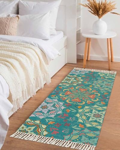 Green Boho Hallway Runner Rug 2' x 5', Shabby Vintage Ethnic Abstract Floral Art Washable Kitchen Runner Rug with Tassels, Laundry Room Rugs Woven Cotton Carpet for Bedroom Entryway Front Door - color: Teal, size: 2' x 5' (Rectangular)
