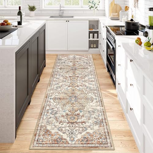 Pauwer Boho Hallway Runner Rug 2x6 Washable Entryway Area Rugs Non Slip Farmhouse Vintage Floor Mat Carpet Runner for Hallways Laundry Room Kitchen Bathroom Bedroom - color: Brown/Blue, size: 2' x 6' (Runner)