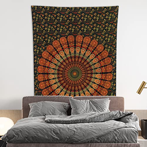 Bless International Handmade Indian hippie Bohemian Psychedelic Peacock Mandala Wall hanging College Dorm Beach Throws Table Cloth Bedding Tapestry (Golden Green, Twin(54x72Inches)(140x185cms)) - color: Golden Green, size: 72"L x 54"W