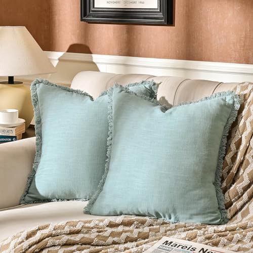 AmHoo Pack of 2 Linen Pillow Covers with Tassels Fringed Decorative Rustic Natural Throw Pillowcase Cushion for Couch Sofa Bedroom 18 x 18-Inch Cloud Blue - color: Cloud Blue, size: 18" x 18" (Pack of 2)