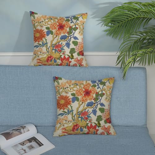 Chinoiserie Throw Pillow Covers 18x18 Inch 2 Pcs Orange Blue Floral Decor Pillow Covers Vintage Flower Spring Summer Outdoor Seasonal Decorative Pillowcase Linen Cushion Cover for Couch - color: Chinoiserie Orange Blue Floral, size: 18" x 18" (Pack of 2)