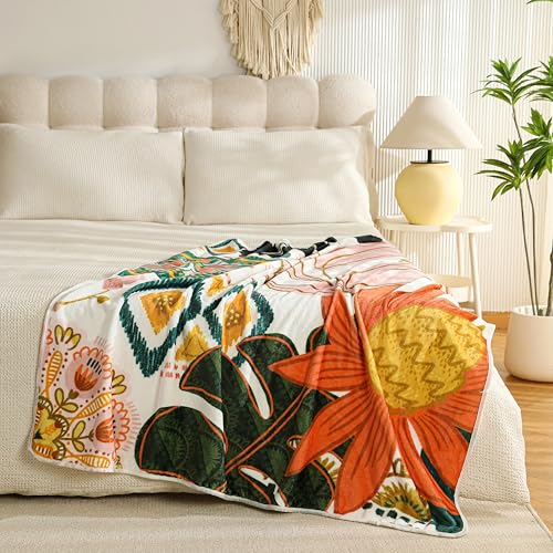 Tyrot Boho Floral Flannel Fleece Twin Blanket – Soft, Warm & Lightweight Fuzzy Blanket for Couch, Bed, or Sofa Decor, Cute Botanical Design Throw for Women & Girls, 60''x80'' - color: Blush Pearl, size: Twin(60''x80'')