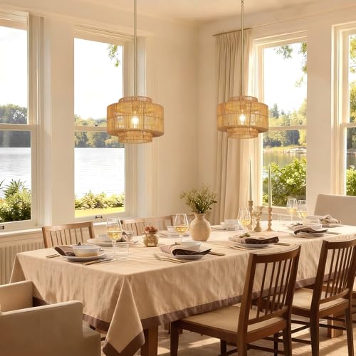 13" Boho Rattan Pendant Light Fixture, Hand Woven Wicker Hanging Lamp with Gold Ceiling Mount, Modern Farmhouse Lighting for Kitchen Island, Dining Room, Bedroom, Living Room, Entryway - color: Brown B