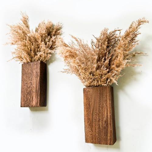 LaLaGreen Wood Wall Planters (8 Inch, 2 Pack) 16 Stalks of Pampas Grass Dried Flower, Wooden Box Vases for Indoor Hanging Planter Rustic Decor Home Living Room Bathroom Modern Farmhouse Decoration - color: Pampas Grass