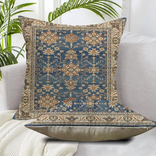 Boho Throw Pillow Covers 18x18 Set of 2 Blue Orange Ethnic Pattern | Spring Summer Boho Outdoor Pillows Cover Fall Western Bohemian Linen Decorative Pillowcase for Couch Living Room Bed Decor - color: Blue Orange 2, size: 18" x 18" (Pack of 2)