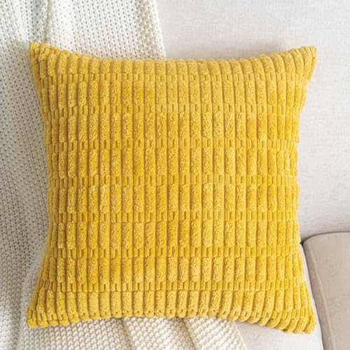 Mustard Yellow Corduroy Decorative Throw Pillow Covers 16x16 Inch Set of 2 Soft Striped Boho Couch Pillow Covers Spring Modern Farmhouse Home Decor for Sofa Neutral Living Room Bed - color: Mustard Yellow, size: 16" x 16" (Pack of 2)