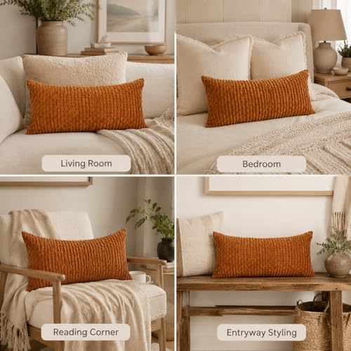JoraLion 12x24 Boho Decorative Lumbar Throw Pillow Cover, Rust Cozy Soft Striped Corduroy Long Rectangle Cushion Case Accent Home Decor for Sofa Bed Room Livingroom, ONLY Cover - color: Rust, size: 24" x 12" (Pack of 1)