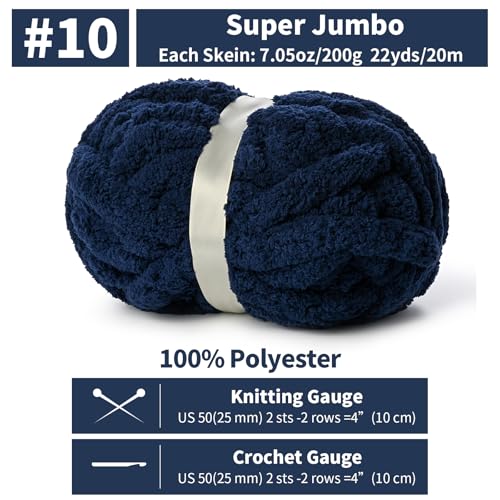 10 Pack Jumbo Chenille Yarn for Crocheting, #10 Super Bulky Baby Soft Yarn for Hand Knitting, 220 yds /70.5 oz Fluffy Chunky Knit Throw Blanket Yarn (Denim Blue) - color: Denim Blue