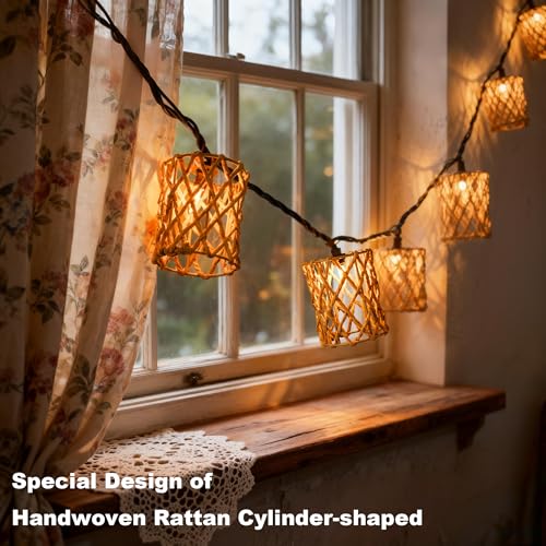 Decorative String Lights Plug in with 10 Incandescent Bulbs, Handwoven Rattan Cylinder-shaped Boho Lantern String Lights Connectable Weatherproof Outdoor Indoor for Bedroom Patio Pergola Decor (Beige) - color: Beige