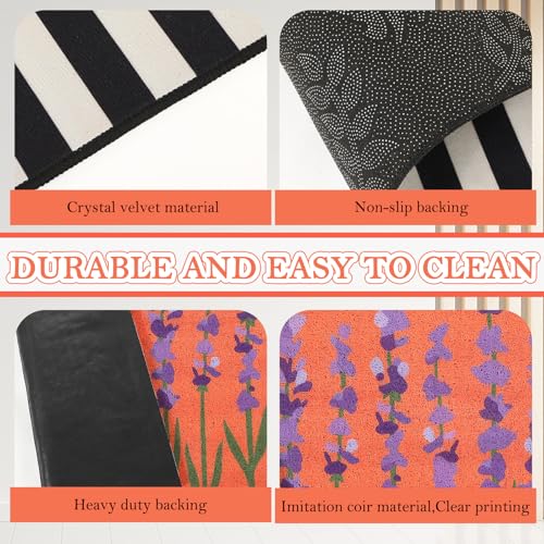 2 Pcs Door Mat Outside Entrance 24 x 32'' Lavender Floral Door Mat Outside and 32 x 43'' Black and White Striped Rug Non Slip Large Floor Layering Doormat for Front Porch Entryway Decor