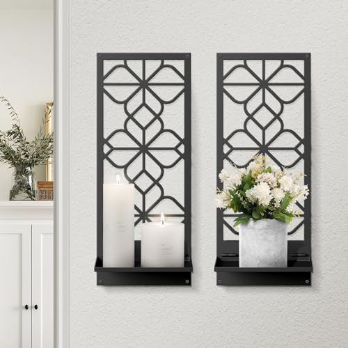 Black Metal Wall Candle Holder Set of 2, Boho Vintage Farmhouse Bathroom Wall Art, 3D Rustic Aesthetic Line Decor for Entryway, Hallway, Bedroom, Office, Living Room - Meaningful Gift (16.5 x 7 in) - color: Black