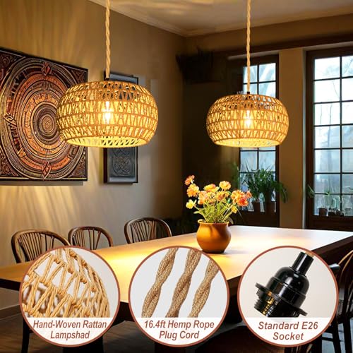 Hanging Lights with Plug in Cord Rattan Hanging Lamp Boho Ceiling Light Fixtures Farmhouse Pendant Lamp Shape for Living Room Bedroom Kitchen - size: 12.6 Inch-Drum Shade