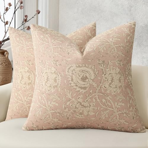 Vintage Floral Print Throw Pillow Covers 16x16 Set of 2 Neutral Modern Farmhouse Pillowcases Accent Decorative Cushion Covers Boho Home Decor for Couch Sofa Chair Bed Living Room, Champagne Pink - color: Champagne Pink, size: 16" x 16" (Pack of 2)