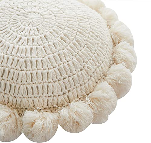 Boho Round Throw Pillow with Cute Handmade Pom Poms Tassels 18 Inch, Decorative Circular Knitted Crochet Cushion for Couch, Sofa, Chair, Bed, Beige - color: Beige