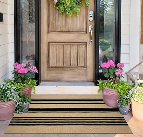 Front Outdoor Door Mat 2'x3',Khaki and Tan Striped Outdoor Rug Machine Washable Cotton Layered Door Mat Entryway Throw Rug for Indoor Entrance - color: Khaki2, size: 2' x 3' (Rectangular)