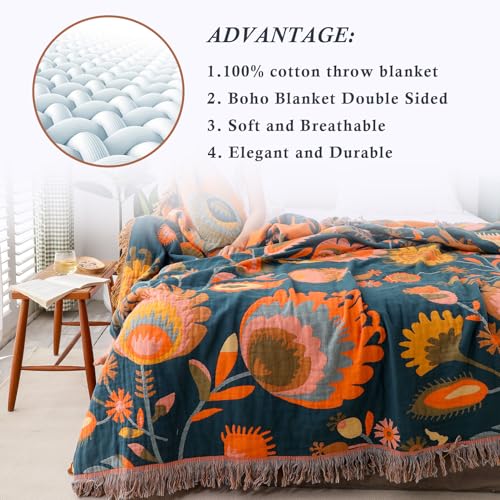Snycler Boho Throw Blanket for Bed, 100% Organic Cotton Muslin Soft Throw-Orange Boho Floral Farmhouse Rustic Spring Summer Fall Decor Blanket for Couch Sofa Quilt and Gift, 60" x 80" - color: Orange Boho Floral, size: 60"x80"