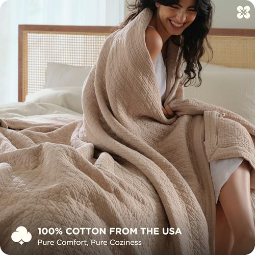 Bedsure 100% Cotton Muslin Blanket 8-Layer Queen, Breathable & Substantial Oeko TEX Gauze Bedding, PureWoven All-Season Moisture-Wicking Comfort, Softens After Wash, Taupe, 90"x90" - color: Taupe, size: Queen