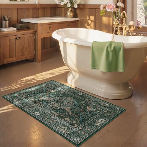2x3 Floral Washable Area Rug for Entryway, Vintage Boho Rugs for Living Room Bedroom Dining Room, Botanical Birds Non Slip Low Pile Forest Animal Throw Carpet for Farmhouse Office, Retro Green/Blue - color: Dark Green (Larger Pattern), size: 2' x 3' (Rect