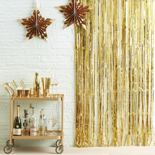 Gold Foil Fringe Curtain Backdrop – 2 Pack Metallic Tinsel Streamer Curtains 3.2ft x 6.4ft for Birthday, Graduation, Baby Shower, New Year’s Eve & Photo Booth Party Decorations | Fiesta Cart - color: Gold