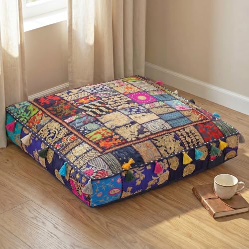 THE ART BOX Cotton Patchwork Vintage Boho Embroidered Floor Pillows & Cushion Cover Dog Pouf Seating Pouf Meditation Pillow Pet Bedding Cat Bed Boho Home Décor (35x35 Inches, Cover Only) - color: Blue