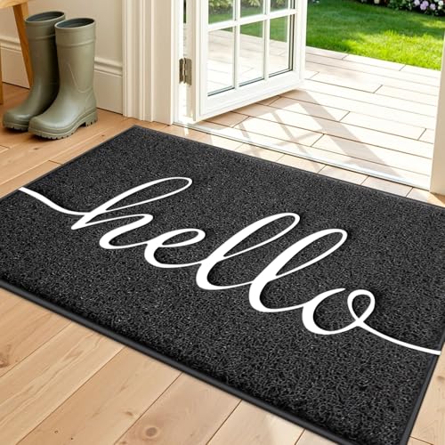 Door Mat (30"x17.5",Black), Welcome Mat Low Profile Front Doormat Floor Mat Non Slip Rugs for Entryway, Patio, High Traffic Areas - color: Black-hello, size: 1'6" x 2'6" (Rectangular)