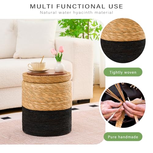 Wimarsbon Storage Pouf Ottoman, Hand Weaving Natural Straw Foot Stool, Bohemian Round Patio Ottomans, Rustic Lounge Pouffe, Outdoor Extra Seat for Garden (14inch Cattail+Black Corn Husk L) - color: 14inch Cattail+black Corn Husk L