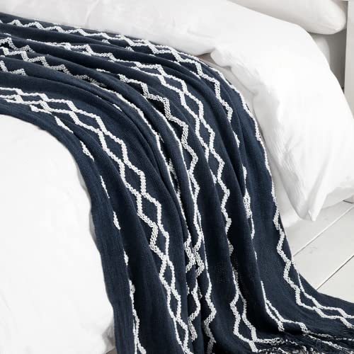 BOURINA Fluffy Chenille Knitted Fringe Throw Blanket Lightweight Soft Cozy for Bed Sofa Chair Throw Blankets, Navy 50" x 60" - color: A-navy, size: 50"×60"