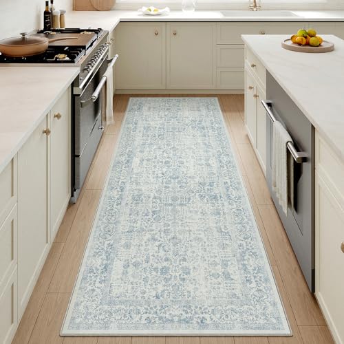 PureCozy Blue Runner Rug 2x5 Hallway Machine Washable Kitchen Vintage Distressed Non Slip Long Carpet Indoor Retro Floral Bedroom Accent Throw Rug for Bathroom Office Laundry Dining Room - color: Accent | Blue, size: 2' x 5' (Runner)