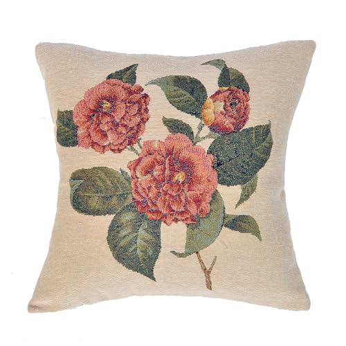 Jacquard Woven Floral Pillow Cover | Square Tapestry Flower Pattern Cushion Case for Sofa Couch Bed Decor | Rustic Classic Home Accent Throw Pillow Sham 18x18 Inch (Pink - Green Camellia Cluster) - color: Pink - Green Camellia Cluster