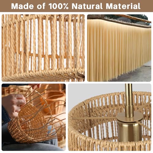 13" Boho Rattan Pendant Light Fixture, Hand Woven Wicker Hanging Lamp with Gold Ceiling Mount, Modern Farmhouse Lighting for Kitchen Island, Dining Room, Bedroom, Living Room, Entryway - color: Brown B