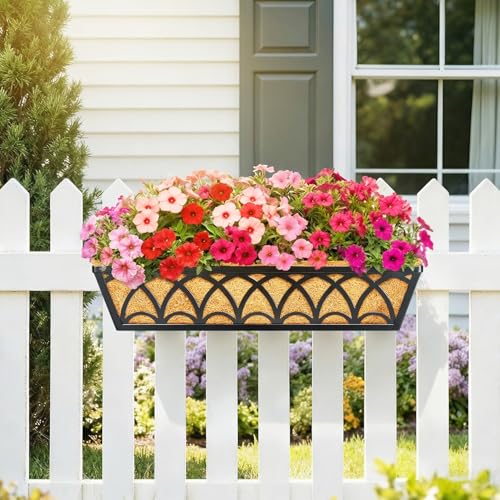24 Inch Railing Planter Box Window Boxes Planters - 2 Pack Deck Railing Planter Boxes with Adjustable Brackets Coco Liners Balcony Planters Railing Hanging for Window Flower Boxes Outdoor Garden Decor - size: 24 Inch