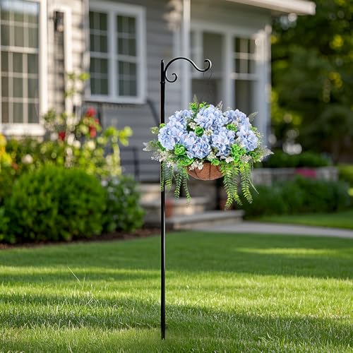 Ammyoo Artificial Hanging Hydrangea Flowers with Basket for Outdoor Spring Decoration, Fake Silk Hydrangea Flower Outdoor Indoor Arrangements, Fake Hanging Plants for Balcony Garden Yard Decor(Blue) - color: Z-blue With Basket
