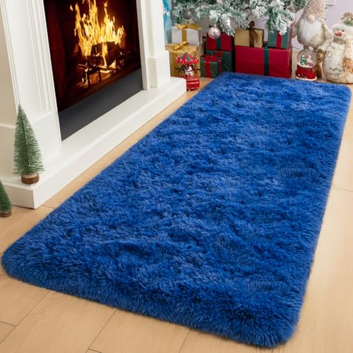 Kelarea Navy Blue Runner Rug for Bedroom, 2x6 Fluffy Throw Rugs for Living Room, Small Soft Shag Fuzzy Carpet for Kids Boys and Girls Bedroom, Dorm, Nursery Rooms, Home Decor - color: Navy Blue, size: 2' x 4' (Rectangular)