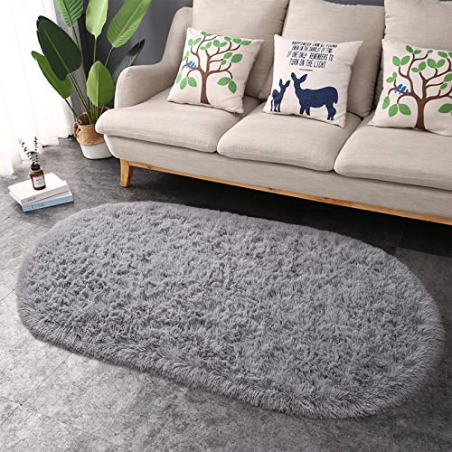 junovo Ultra Soft Washable Shaggy Rug - Non-Slip Oval Carpet for Nursery, Kids Bedroom & Home Decor (2.6x5.3ft Grey) | Plush Fluffy Floor Mat for Cozy Living Spaces - color: Grey, size: 2.6' x 5.3'