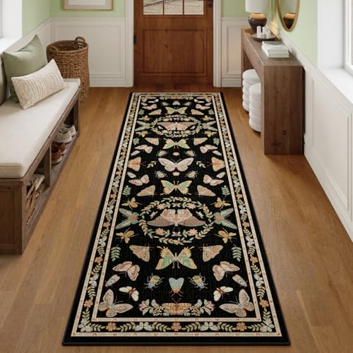 Unirea 2x6 Black Runner Rug, Washable Non Slip Insect Botanical Rug for Hallway, Kitchen, Bathroom, Laundry Room, Entryway, Bedroom, Soft Boho Door Mat Indoor Entrance Bug Rugs, Low Pile Carpet - color: Black, size: 2'x6'
