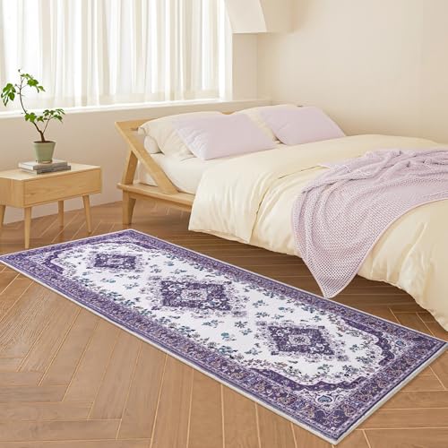 HOMORE Vintage Runner Rug-2x6 Hallway Runner Rug for Entryway Non Slip Washable Bedroom Rug Faux Wool Lavender Floor Carpet Runner for Kitchen Indoor Front Entrance Laundry Living Room Dorm, Purple - color: Purple, size: 2' x 6' (Rectangular)