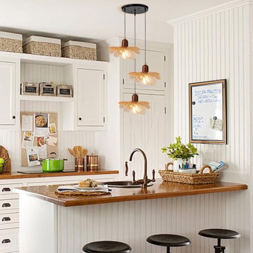 Amber Petal Glass Swag Pendant Light Fixture, 3-Light Rustic Wood Cluster Hanging Light, Adjustable Height for Greenhouse Cottage Living Room Farm Bistro Island - color: Amber, 3 Lights