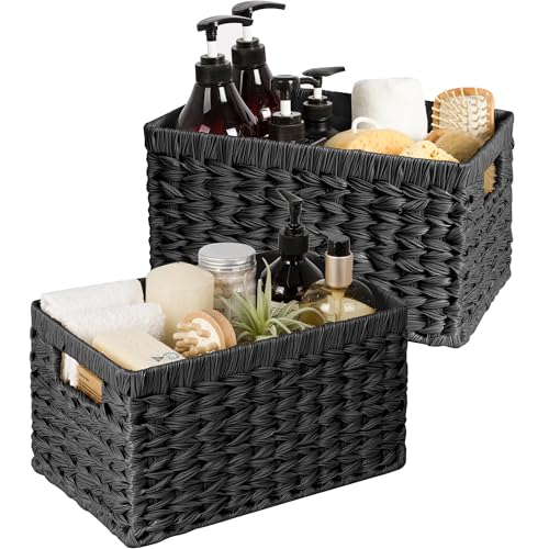 GRANNY SAYS Wicker Basket, Decorative Woven Baskets for Storage, Waterproof Storage Basket Organizer, Wicker Storage Basket for Organizing, 2-Pack, Black - color: Black, size: 13"L x 8 ¼"W x 7"H
