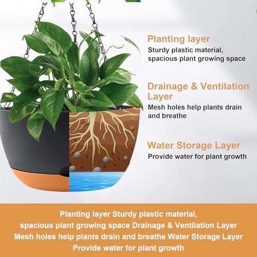 KPUVX 4 Pack Plastic Hanging pots for Plants Indoor,8 Inch Plant Pot Indoor Outdoor Hanging Baskets,Hanging Flower Pots with Drainage Holes and Chain for Garden Porch Plants(Black) - color: Black, size: 8 inch