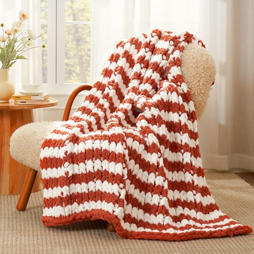 Amélie Home Chunky Knit Throw Blanket for Couch, Soft Chenille Handmade Crochet Throw Rope Knot Blanket for Couch, 50"x60", Burnt Orange & White Striped - color: Burnt Orange/White Stripe, size: 50"x60"