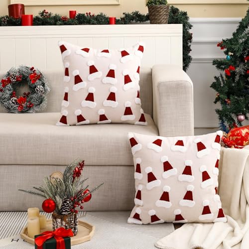 Christmas Tufted Throw Pillow Cover 20 x 20 inch Set of 2 Multiple Xmas Hats Pillow Covers 3D Christmas Party Decor Winter Holiday Cushion Cases for Sofa Couch Bed Living Room - color: Multiple Christmas Hats, size: 20" x 20" (Pack of 2)