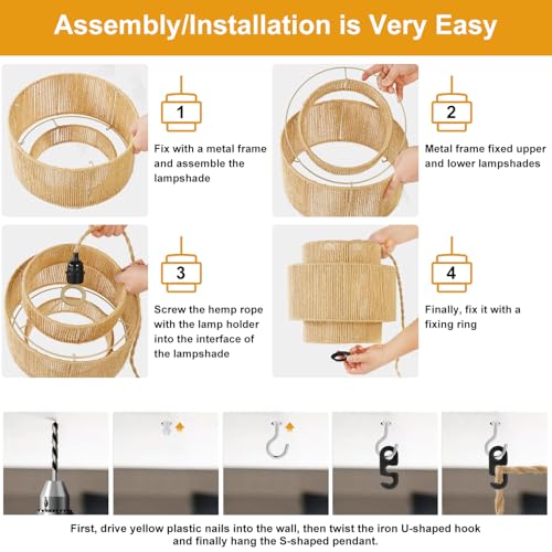 plug in pendant light rattan hanging lamp with 14.7ft Hemp Rope，Dimmable boho pendant lamp with adjustable cord，high output wicker hanging light plug in Woven Shade for Bedroom Dinning Kitchen - size: 3 tier HL-8