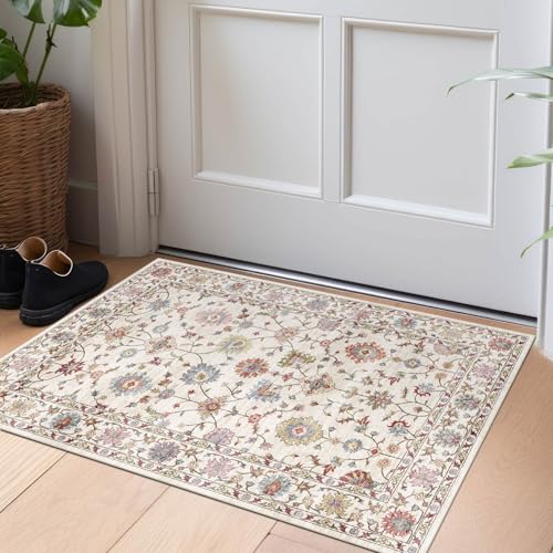 LUXRUG 2x3 Washable Entryway Rug - Small Entry Rug Non-Slip Cream Colorful Vintage Traditional Floral Kitchen Rugs Low Pile Boho Carpet Throw Rugs for Bedroom Bathroom Entrance Dorm Laundry Room - color: Cream Multi, size: 2' x 3' (Rectangular)