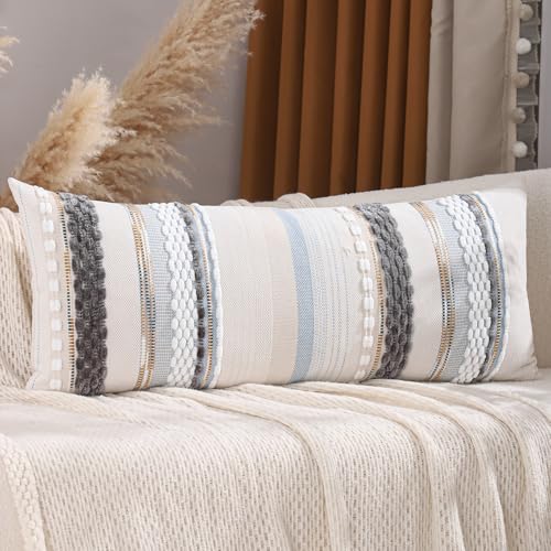 Boho Lumbar Throw Pillow Cover 14x36 Long Body Lumbar Decorative Pillow Case Accent Chenille Striped Pillowcase Farmhouse Cushion Case for Home Decor Grey Blue White (1 Piece) - color: Grey Blue White Stripe, size: 36" x 14" (Pack of 1)