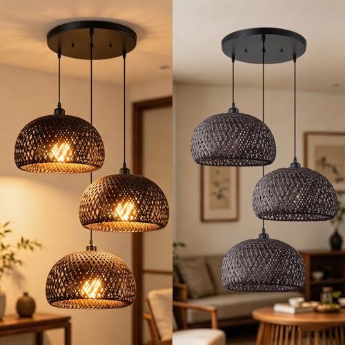 Black Bamboo 3 Light Fixtures Cluster Rattan Pendant Light Hand Woven Wicker Chandelier Boho Ceiling Hanging Light for Kitchen Stairway Hallway Dining Room Foyer - color: Black Bamboo, 3-Ligh