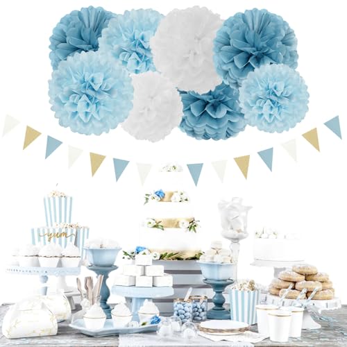 Dusty-Blue White Party-Decorations Paper-Flowers Lanterns - 15pcs Birthday Baby Bridal Shower Tissue Pom Poms Streamers Honeycomb, Boy Men Wedding Bachelorette Hanging Supplies Decor Hugfond - color: Dusty Blue