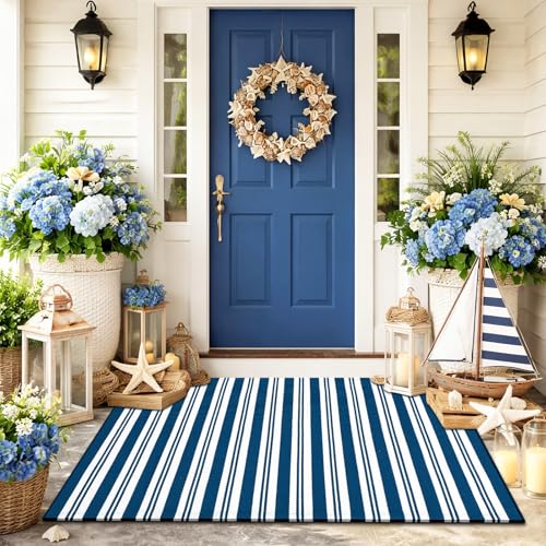 Moucuny Navy Blue and White Striped Outdoor Rug, 2'4'' x 3'7'' Nautical Beach Front Porch Rug Navigation Welcome Layering Doormat for Entryway Entrance Patio Decor - color: Steel Blue and White, size: 2'4'' X 3'7'', style: Vertical Stripe