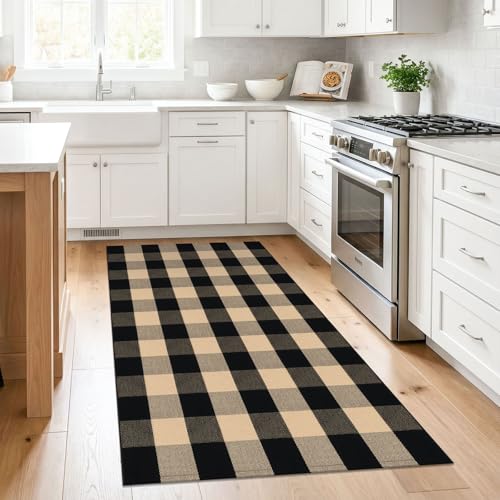 KILOCOCO Buffalo Plaid Checkered Rug - 3x5 Front Door Rug Brown and Black Indoor Cotton Washable Front Porch Layered Doormats for Kitchen/Laundry Room/Farmhouse/Entryway Outdoor - color: Brown and Black, size: 3' x 5' (Rectangular)