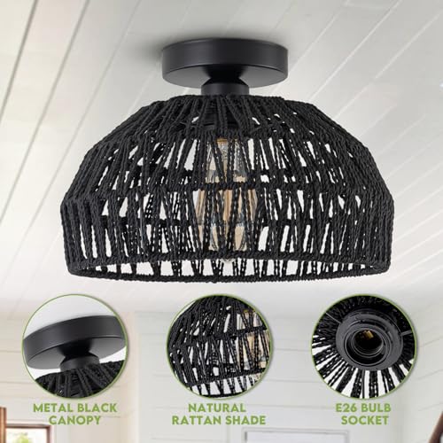 Black Rattan Ceiling Light Fixtures Boho Chandelier Small Woven Flush Ceiling Mount Lighting Fixture Close to Ceiling Light for Bedroom Kitchen Entryway Nursery Lights Hallway - color: Black