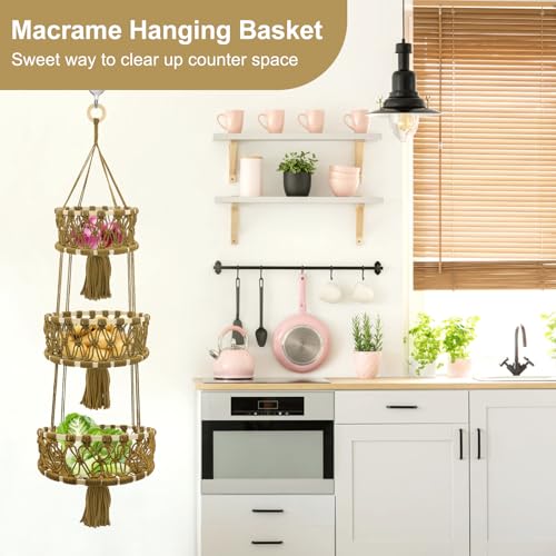 3-tier Hanging Fruit Baskets for Kitchen, Woven Cotton Rope Fruit Hammock, Macrame Hanger Holder for Fruit Vegetable Produce Storage & Organization, Boho Hanging Plant Holder for Indoor Outdoor - color: Caramel